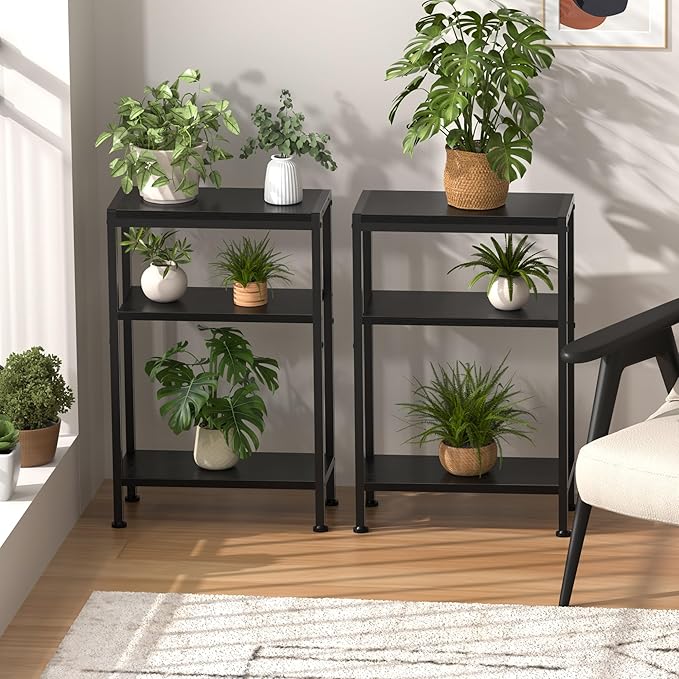 Narrow Side Table for Small Space Set of 2,3-Tier Small End Table with Shelf Holder, Slim Nightstand, Skinny Snack Couch Table in Living Room, Bedroom, Study, Kitchen and Balcony（Black