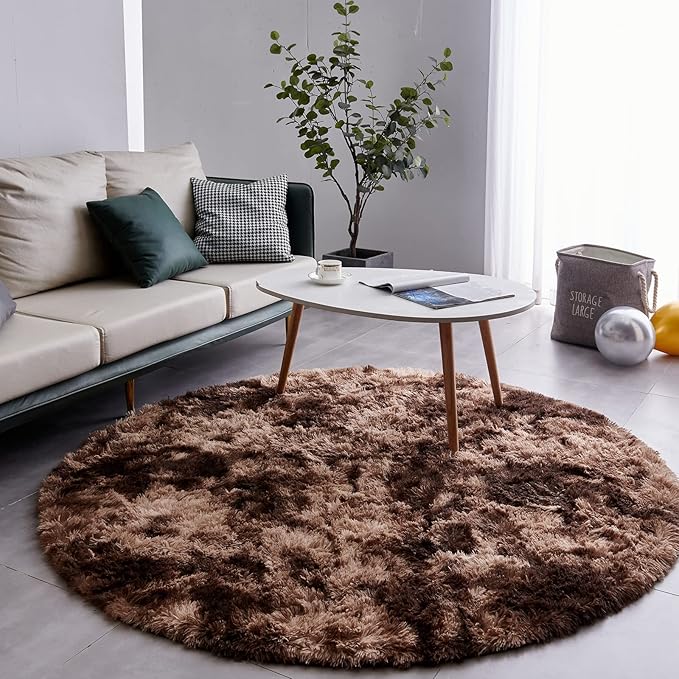 FJZFING Tie-Dyed Coffee Round Rug Ultra-Soft Plush Modern 5x5 Circle Area Rug for Kid's Bedroom, Fluffy Shag Circular Rug for Nursery Room, Non-Slip Home Decor Carpet for Teen's Room