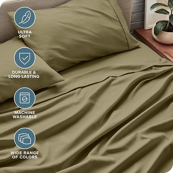 Bare Home Twin Sheet Set - 1800 Ultra-Soft Microfiber Twin Bed Sheets - Double Brushed - Deep Pockets - Easy Fit - Extra Soft - 3 Piece Set - Bedding Sheets & Pillowcases (Twin, Olive)