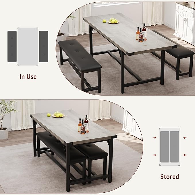 Dining Table Set for 4-6, 63“ Large Extendable Kitchen Table Set, Wood Rectangle Kitchen Table with 2 Soft Benches for Small Space, Apartment, DinnerSaving Space, Grey