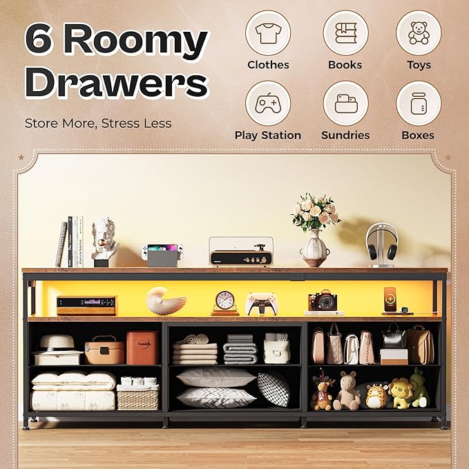Huuger 63 Inch TV Stand for 55, 65, 70 Inch TV, Long Dresser TV Stand for Bedroom, LED TV Stand with Power Outlets, Rustic Fabric Drawer Dresser with Storage, Entertainment Center for Living Room