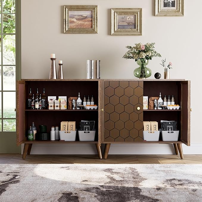 COSIEST Set of 3 32" Storage Sideboards with Doors, Accent Cabinets with Magnetic Push-to-Open Doors, Brown Honeycomb Pattern, Entryway Console for Living Room, Kitchen, Hallway