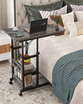 Height Adjustable End Table with Charging Station, Mobile C Shaped Laptop Side Table with Wheels, 3-Tier Sofa Couch Table with Storage Shelve for Living Room Bedroom, Grey Oak