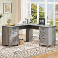 59” L Shaped Executive Desk with Power Outlets, Farmhouse Home Office Desk with Flie Drawer,Stroage Cabinet, Wood Corner Sturdy Writing Workstation.(Gray.
