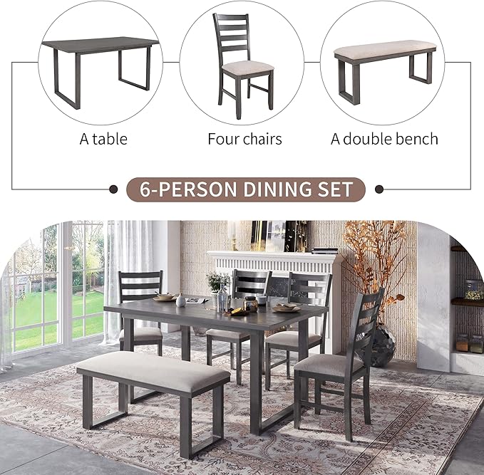 6 Pieces Dining Table Set with 60" Rectangle Kitchen Desk,Wooden Living Room Furniture W/ 4 Ladder Back Upholstered Chairs and 1 Bench,for Restaurant,Home Bistro,Gray