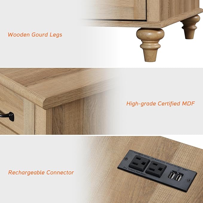 WAMPAT Oak Night Stand with 2 Drawers, Wooden Sofa Side Table with Charging Station, Farmhouse End Table for Living Room, Retro Nightstand Bedside Table for Bedroom