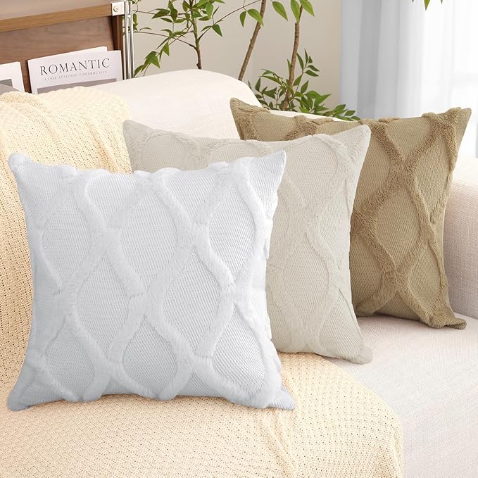 decorUhome Throw Pillow Covers 20x20 Inch Set of 2, Soft Plush Faux Fur Wool Khaki Couch Pillow Covers, Decorative Neutral Pillow Cases for Bed Sofa Living Room Home Decor