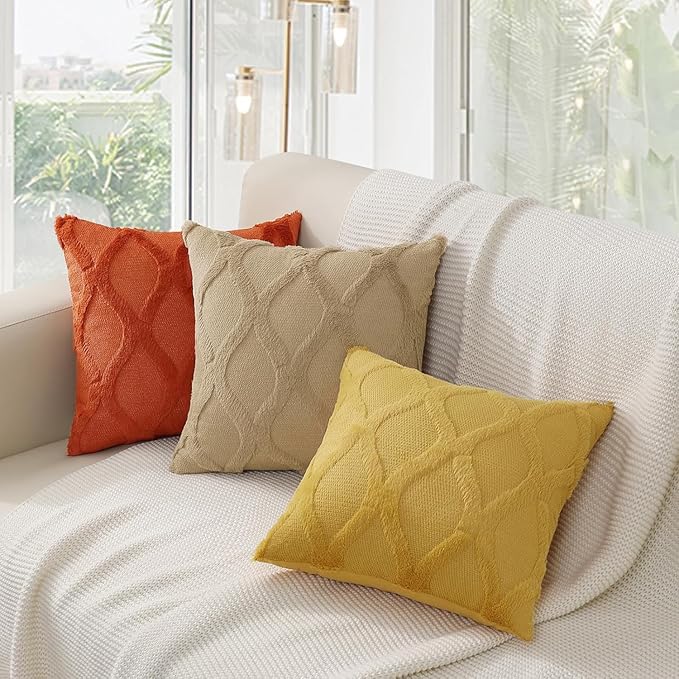 decorUhome Fall Throw Pillow Covers 18x18 Inch Set of 2, Soft Plush Faux Fur Wool Rust Couch Pillow Covers, Decorative Neutral Pillow Cases for Bed Sofa Living Room Home Decor