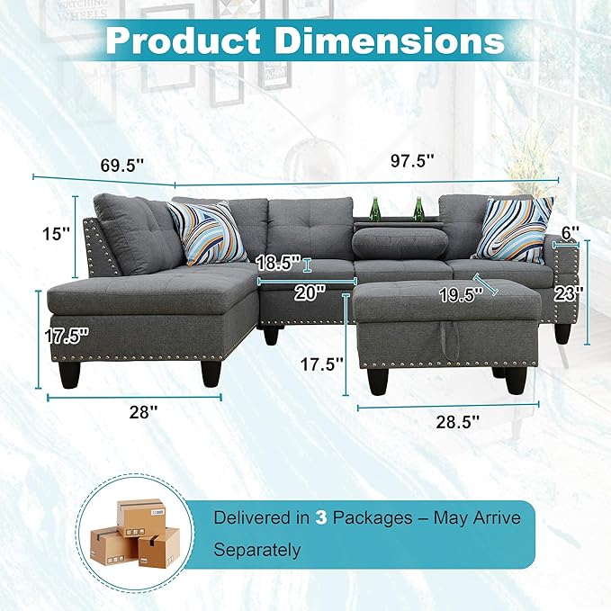 97.5" Oversized Sectional Couch, L Shaped Couch with Storage Ottoman, Modern Modular Sofa with Deep Seat, Sectional Couches for Living Room and Office, Grey (Linen)