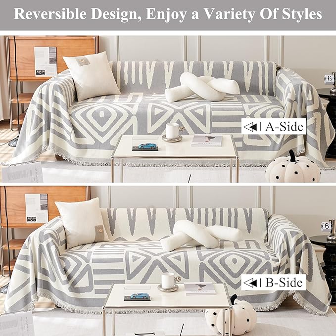 STACYPIK Durable Chenille Gray Beige Sofa Cover Boho Triangle Slipcover Furniture Protector Washable Armchair Couch Cover for 2 Cushion Couch Non-Slip Jacquard Sofa Protector Pet Friendly-71X102IN