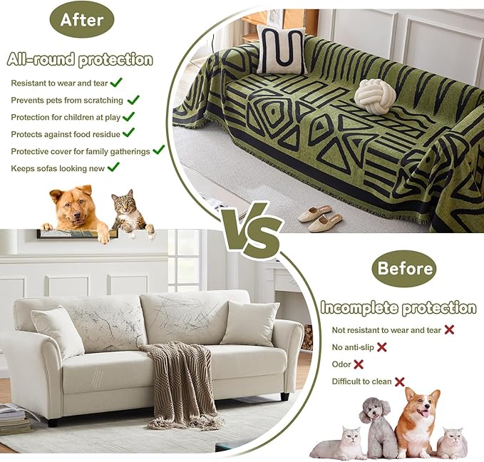 HANDONTIME Boho Geometric Couch Covers for Sofa Pet Friendly Avocado and Black Sofa Covers Washable Chenille Couch Blanket Cover for 3 4 Cushion Couches Pet Protector Furniture Cover Soft, 71" X 134"