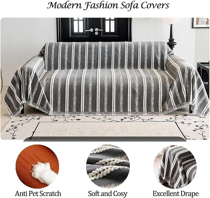 Couch Cover for Dogs Washable Sofa Cover, Sectional Couch Covers, Sofa Covers for 2 Cushion Couch, Non Slip Stripe Sofa Slipcovers Furniture Protector, Couch Protector from Cat Claws, Grey,75''x150''