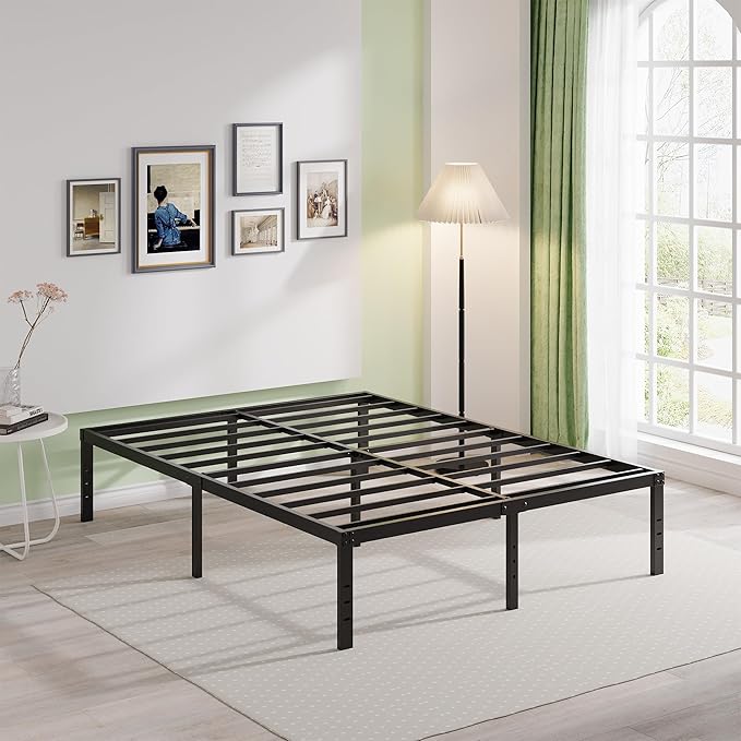 EMODA 16 Inch Bed Frame Queen Size Heavy Duty Metal Platform No Box Spring Needed with Steel Slat Support, Easy Assembly, Black