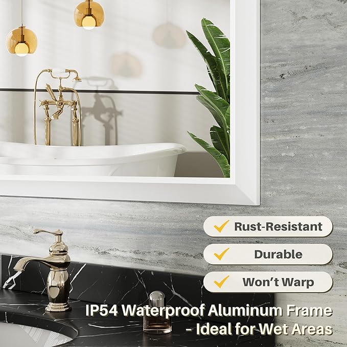 24x32 Inch White Bathroom Mirror for Wall, Thick Metal Framed Rectangle Mirrors for Over Sink, Bedroom, Living Room, Entryway, Anti-Rust, HD Tempered Glass