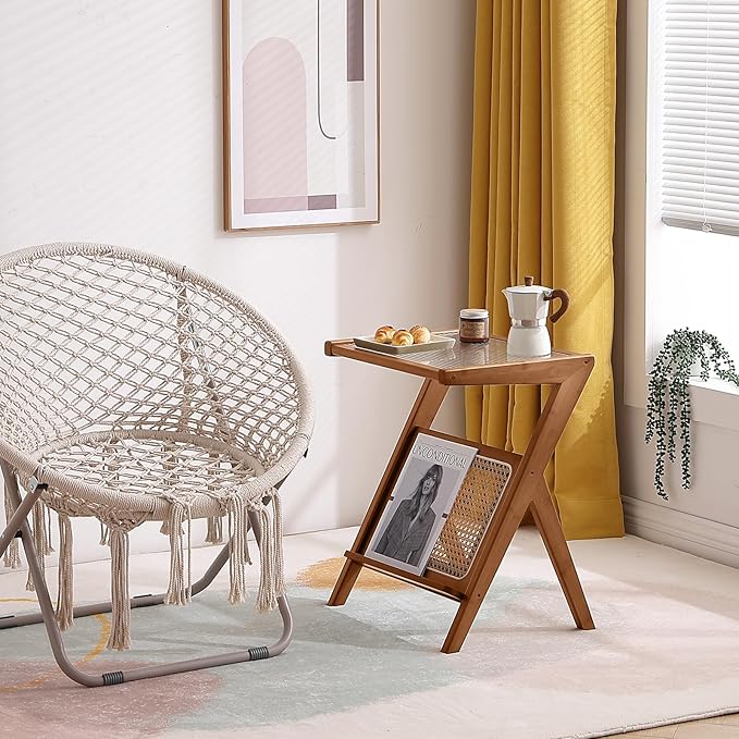 Tiita Rattan Nightstand Side Table, Bamboo Accent Bedside Tables, Glass Coffee Tables, Boho Wooden End Table with Storage for Small Space, Living Room and Bedroom