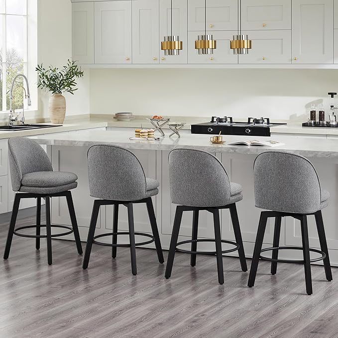 Counter Height Barstools 26 inch Upholstered Swivel Bar Stools with Back and Wood Legs for Kitchen Island,Set of 4,Dark Grey Fabric-Armless