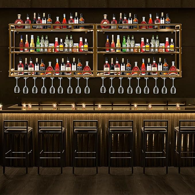 Metal Wine Rack Wall Mounted, Bar Shelves for Liquor Bottles with LED Light, 3 Tier Large Capacity Liquor Rack Wall Mounted with Glass Holder for Home Bar & Dining Room （Gold, 71in/180cm）