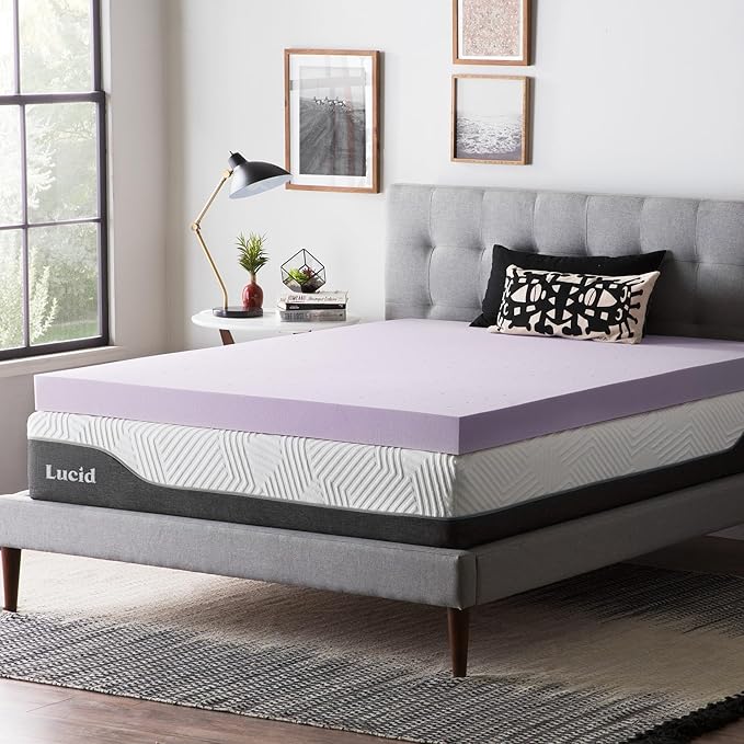 Lucid 4 Inch Lavender Infused Memory Foam Mattress Topper - Ventilated Design – Pressure Relieving Bed Topper - Mattress Pad – CertiPur Certified - King Size