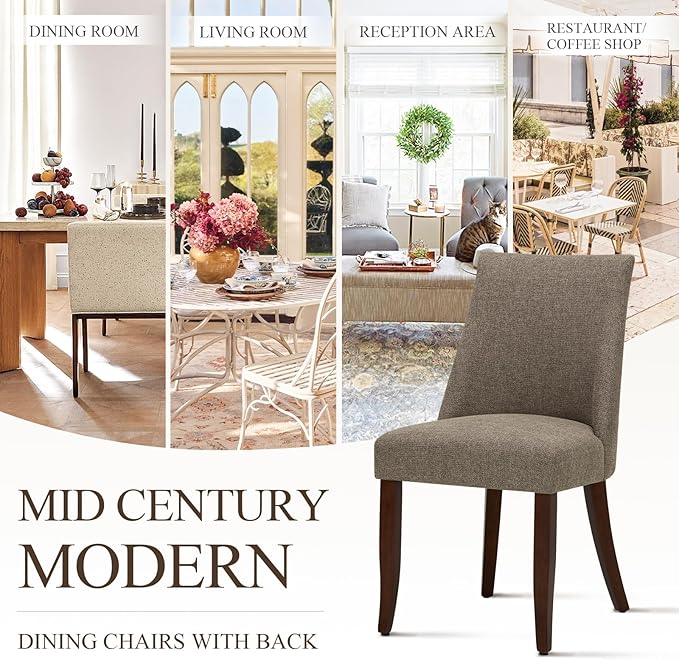 COLAMY Upholstered Dining Chairs Set of 2, Mid Century Modern Kitchen Chairs with Back, Farmhouse Fabric Side Dining Room Chairs with Wood Legs for Dining Room Restaurant, Brown