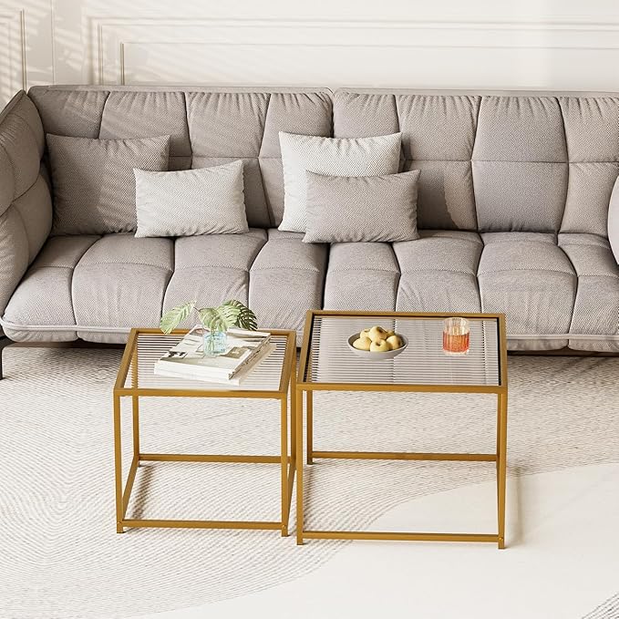 Garden 4 you Coffee Table Set of 2, Modern Patterned Glass Nesting Table, Metal Frame Square Center Table Set, Side Tables, Nesting Coffee Table for Living Room, Bedroom and Small Spaces, 23.6in Gold