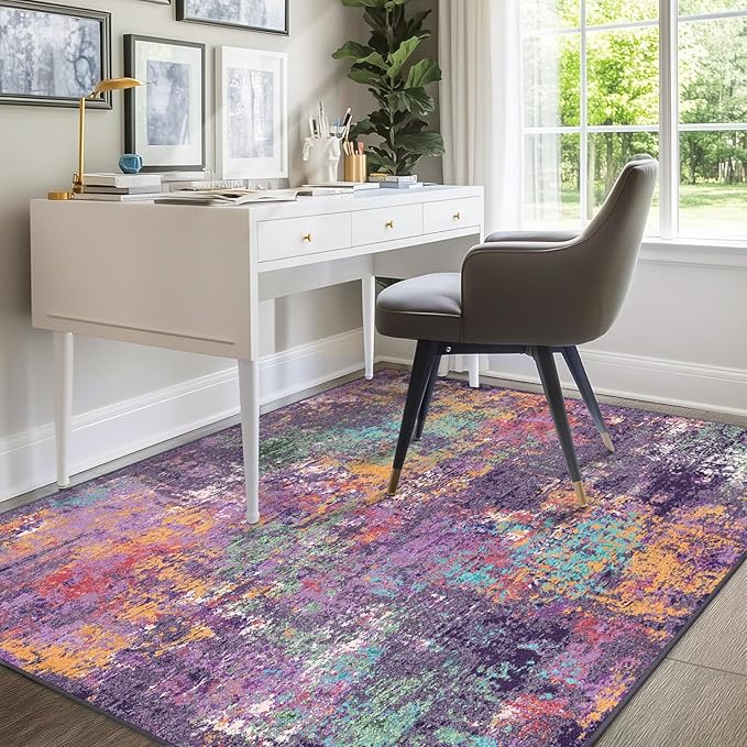 Washable Area Rugs 5'x7' Non-Slip Modern Abstract Soft for Living Room Entryway Bedroom Nursery, Print Pattern, Purple Orange Blue Green Rust Red Colorful
