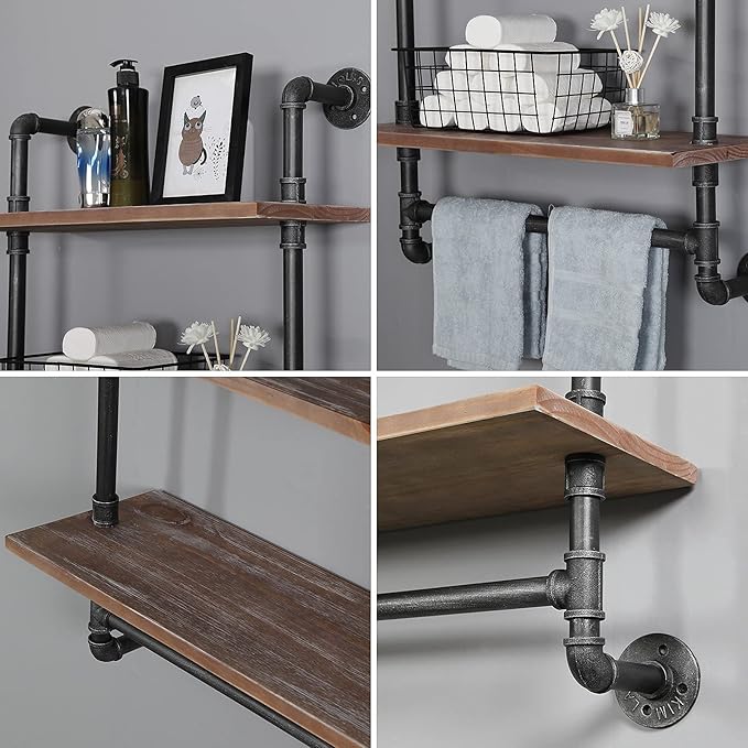 SSS Furniture Industrial Pipe Shelving Bathroom Floating Shelves Wall Mounted, 2 Tier 24 inch Rustic Wood Shelf with Towel Bar, Farmhouse Towel Rack Bathroom Shelf Over Toilet