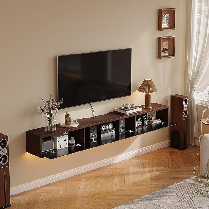 Floating TV Stand Matte Finish,70'' Wall-Mounted TV Cabinet,Floating TV Console,Under TV Shelf with 3 Doors for Living Room Bedroom(Walnut+Black)