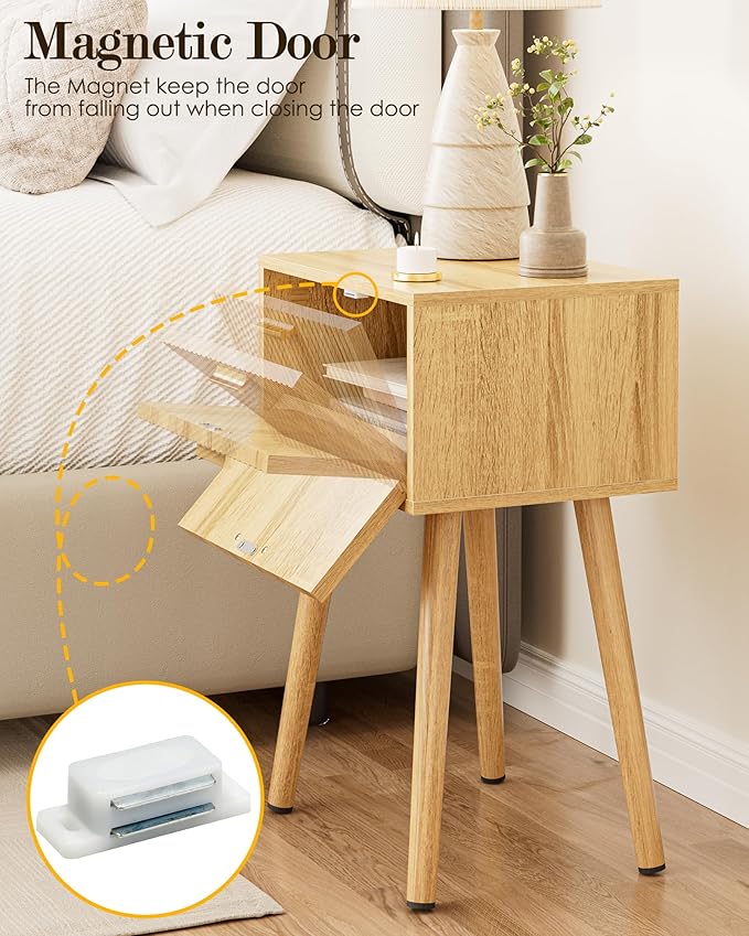 Night Stand, Oak Nightstand with Fluted Door, Small Modern Mid-Century Bedside Table for Bedroom, End Table for Living Room