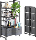 4NM No-Assembly Folding Bookshelf Storage Shelves 4 Tiers Vintage Bookcase Standing Racks Study Organizer Home Office (All Black)