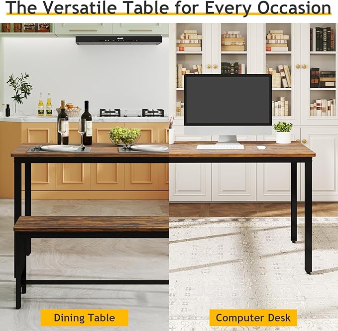 Rovibek Dining Table Set for 4 with 2 Benches – Space-Saving Kitchen Table Set for Kitchen & Dining Room, Brown