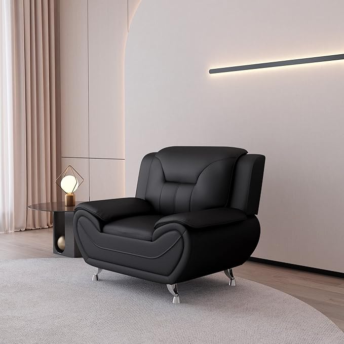 Container Furniture Direct Michael Modern Faux Leather Upholstered Stainless Steel Legs Living Room, Chair, Black