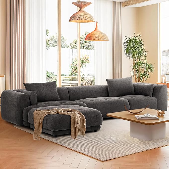 COLAMY 144" Modular Sectional Chenille Couch with Ottoman, Cloud Sectional Sofa Set with Ottoman,for Living Room(Gray)