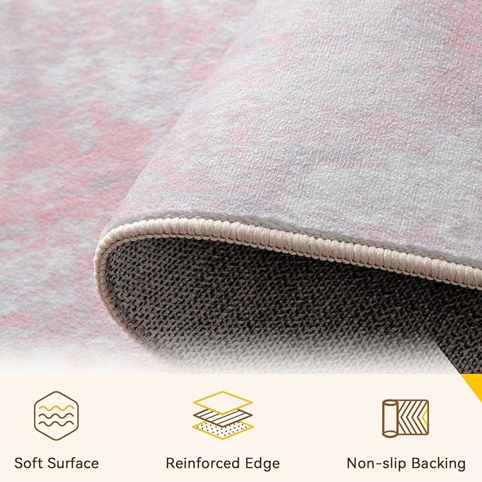 Washable Area Rugs 5'x7' Non-Slip Modern Abstract Soft for Living Room Entryway Bedroom Nursery, Print Pattern, Grey Pink
