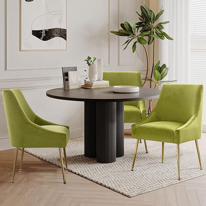 Modern Velvet Dining Chairs Set of 4, Contemporary Upholstered Furniture Collection with Polished Gold Metal Legs, Elegant Accent Chairs for Kitchen Living Room(Yellow Green)
