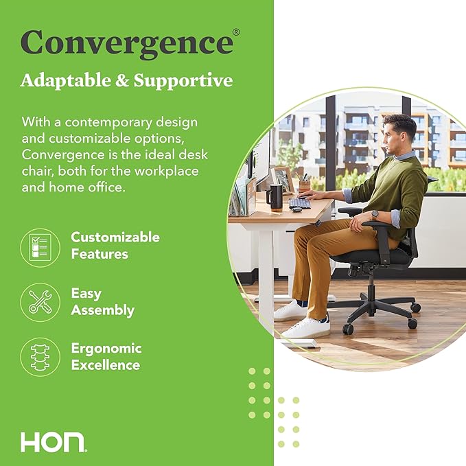 HON Convergence Ergonomic Office Chair, Breathable Back Support Mesh, Adjustable Arms, Computer Chair with Lumbar Support, Rolling Swivel Wheels, Comfortable Synchro-Tilt Recline, Fabric, Iris