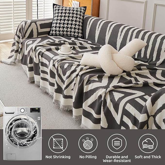 STACYPIK Boho Geometric Dark Grey Chenille Sofa Cover for Dogs - Washable Armchair Slipcover for Living Room, Sectional, 2 Cushion Couch - Jacquard Decor 71x102IN