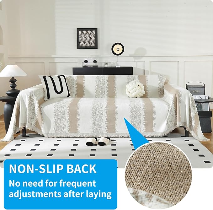 LUFEIJIASHI Boho Couch Covers for Sofa Non Slip Sofa Covers Washable Couch Covers for 3 Cushion Couch Sofa Pet Friendly Sectional Couch Cover Blanket Furniture Protector for Dogs (Khaki, 91"x134")