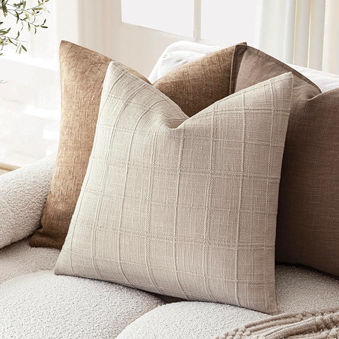 Foindtower Set of 2 Decorative Linen Check Throw Pillow Covers Neutral Farmhouse Vintage Cushion Covers Modern Boho Home Decor For Sofa Chair Couch Bedroom Living Room Outdoor,24×24 Inch,Natural Linen