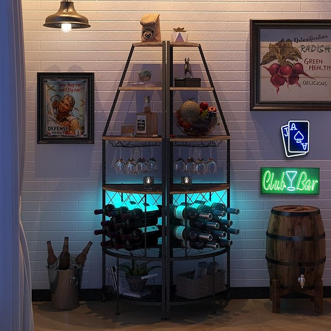 5-Tier Corner Wine Rack with LED Light Floor Standing Wine Rack with Glass Holder and Bottles Wine Storage Home Bar Furniture for Kitchen Living Dining Room (Rustic Brown)