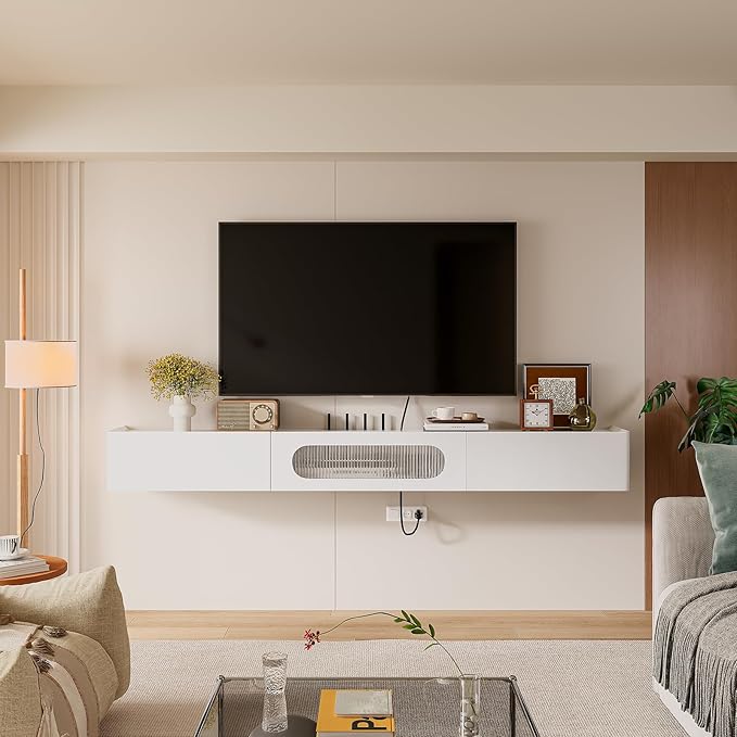 Floaticase Floating TV Stand, 70IN Fully Assembled Hign Gloss Wall Mounted TV Console with Flip-Down Door & Drawers for Livingroom, Bedroom