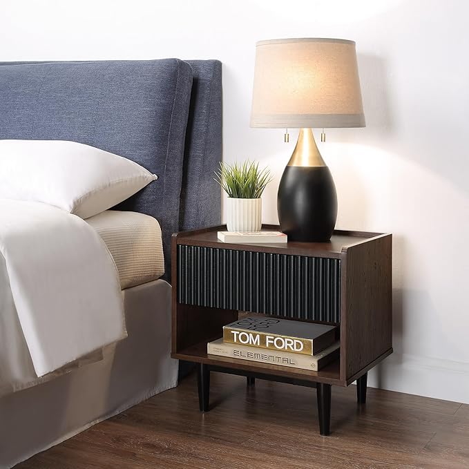 Manhattan Comfort Duane Modern Ribbed Nightstand, Bedside Table with Full Extension Drawer and Open Shelf, Industrial Chic Living Room and Bedroom Furniture, Black