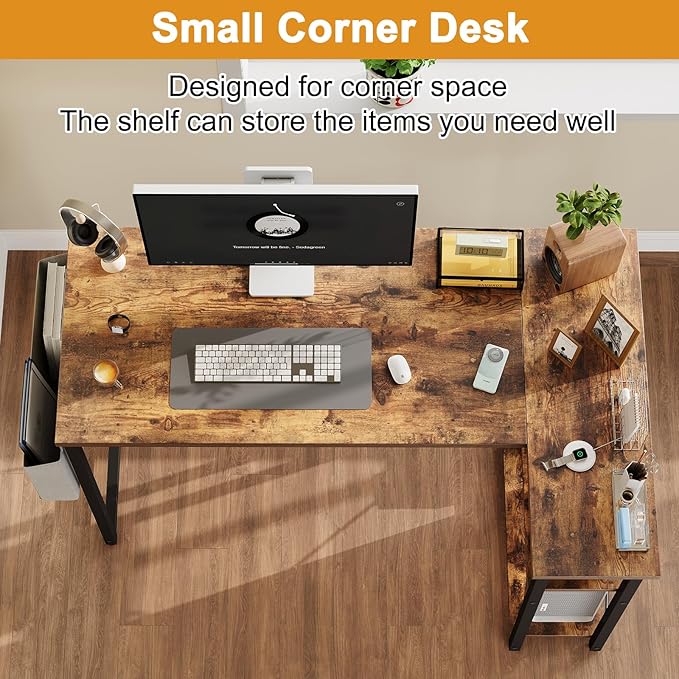 L Shaped Computer Desk with Reversible Shelves, 40 Inch Small Corner Desk with Storage Bag, Gaming Desk Computer Table Study Writing Desk for Home Office Small Space, Rustic Brown