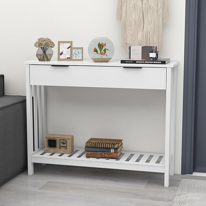 TaoHFE White Narrow Console Table with Storage Modern Wood Entryway Table with Drawer Hallway Table Sofa Tables for Living Room, Entrance Tables for Front Door Corridor, Office, White