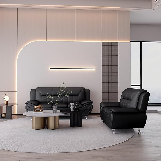 Container Furniture Direct Michael Modern Faux Leather Upholstered Stainless Steel Legs Living Room Sofa, Loveseat, Midnight