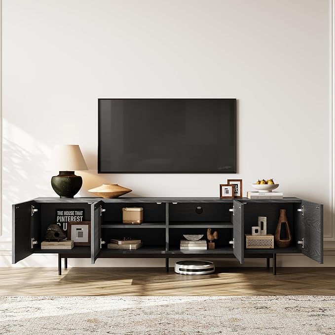 POVISON Full Assembled Mid-Century Modern TV Stand with Slatted Doors, Wood Media Console for 75 Inch TV, TV Console with Tall-cast Metal Legs, Entertainment Center with Storage for Living Room