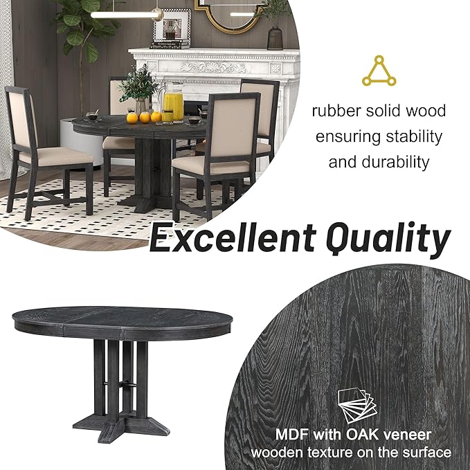 Need Extendable Farmhouse Round Dining Table, 48-60 Inch Pedestal Base Kitchen Table for Small Spaces & Dining Rooms (Black Finish)