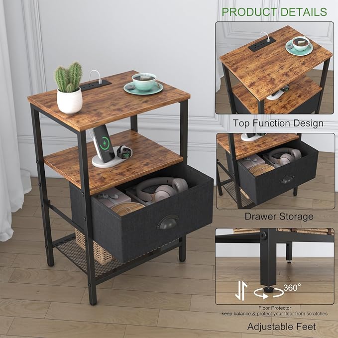 Sthmec Nightstands Set of 2, LED Bedside Tables with Charging Station and Fabric Drawer, Night Stand with Storage, 3 Tier Side Table with Open Shelf, LED Nightstands with Charging Station,Rustic Brown