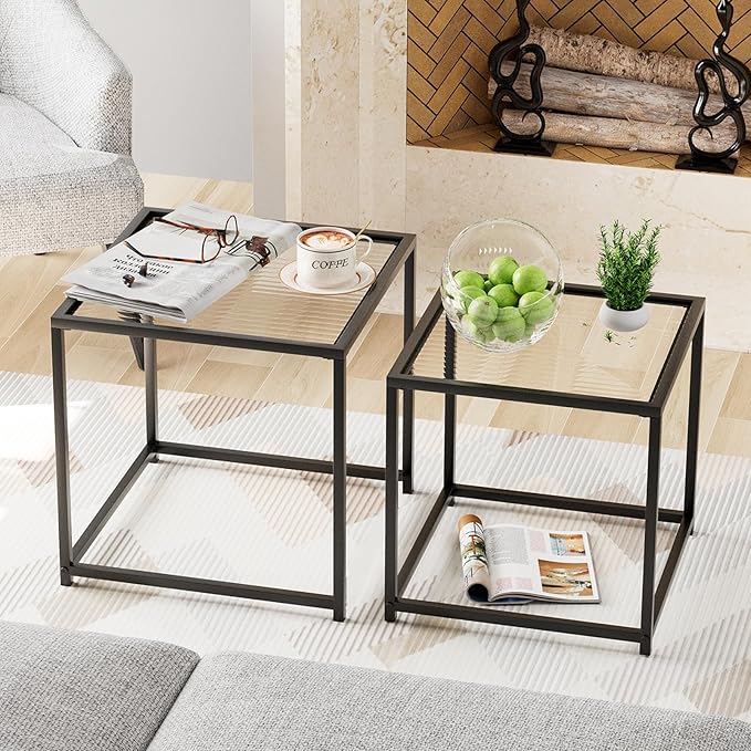 Garden 4 you Coffee Table Set of 2, Modern Patterned Glass Nesting Table, Metal Frame Square Center Table Set, Side Tables, Nesting Coffee Table for Living Room, Bedroom and Small Spaces, 19.7in Black