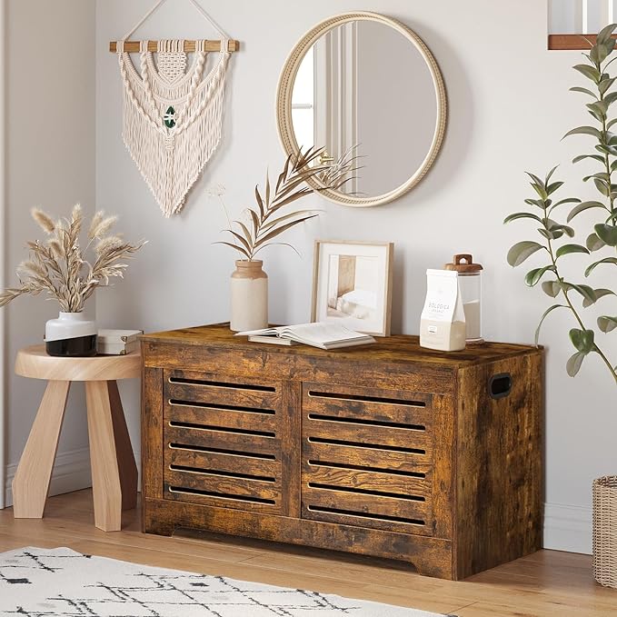DINZI LVJ Storage Chest, Flip-Top Wooden Toy Box with 2 Safety Hinges, Retro Entryway Shoe Storage Bench, Sturdy Large Storage Trunk for Living Room, Bedroom, Easy Assembly, Rustic Brown