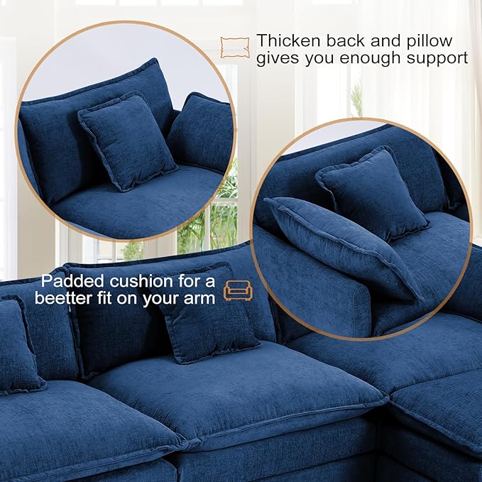 Furniliving Oversized Accent Chair with Ottoman, Luxury Chenille Single Sofa, Upholstered Deep Seat Chaise Lounge with Pillows for Living Room, Bedroom, Apartment, Blue